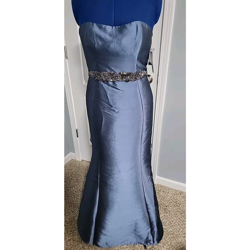 BADGLEY MISCHKA Blue Silver Full Length Strapless Gown Dress Size 8 Beaded NEW
